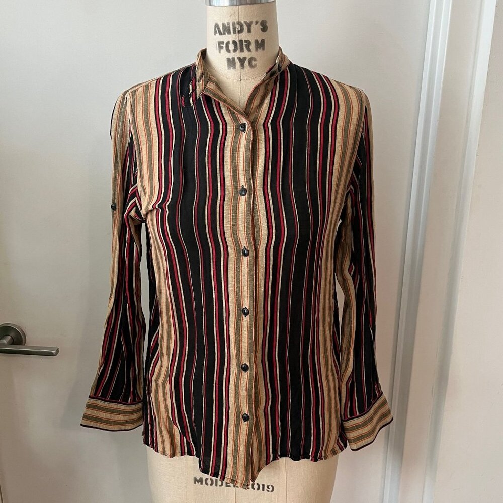 Vintage LAUREN‎ RALPH LAUREN Silk/Linen Striped Button Up Blouse Size Petite S
